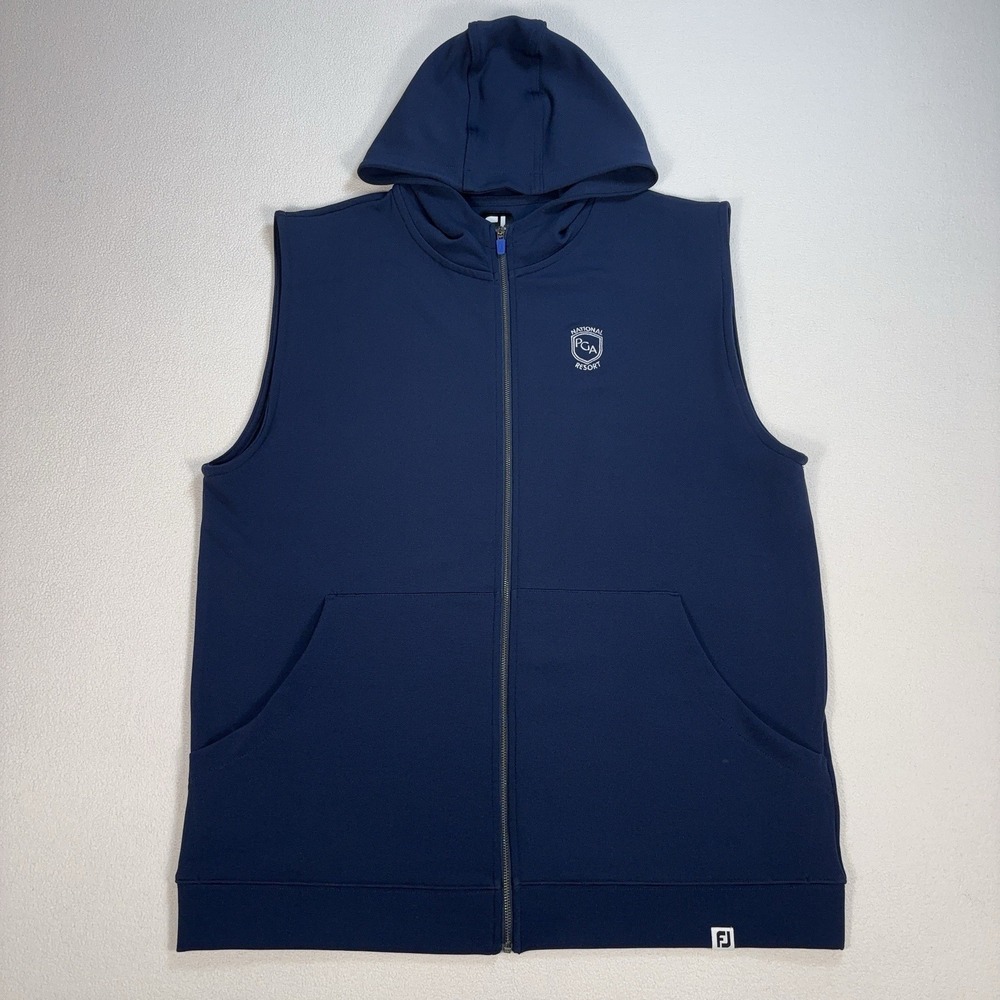 Footjoy Full Zip Hooded Vest Men's L Navy Pocket Sleeveless Golf Performance